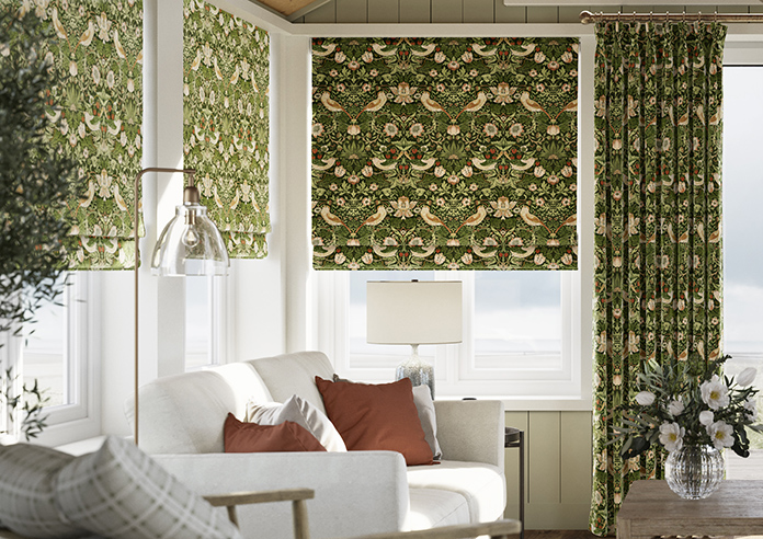 William Morris At Home Strawberry Thief Velvet, Nettle - Roman Blind - Image 3